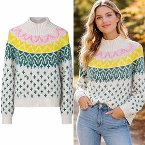 Old Navy | Fair Isle Mock Neck Sweater | Green Pink Yellow | M